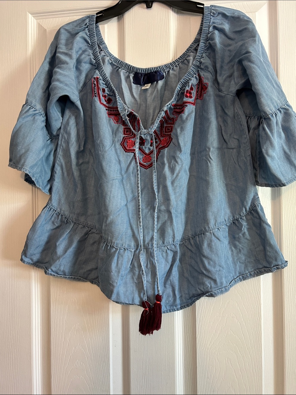 Light Blue Embroidered Peasant Top with Red Detail
